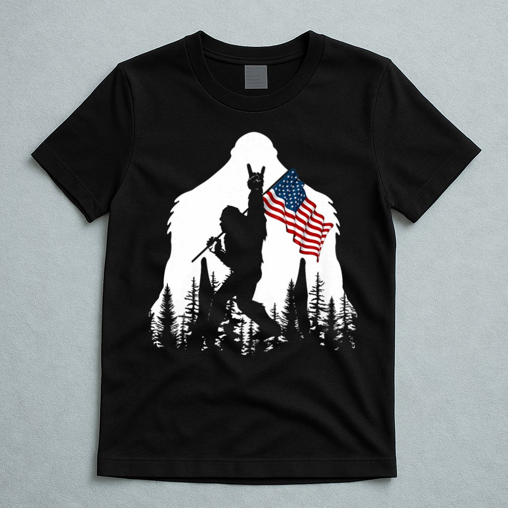 Bigfoot Rock On Hold American Flag Sasquatch Believers T-Shirt