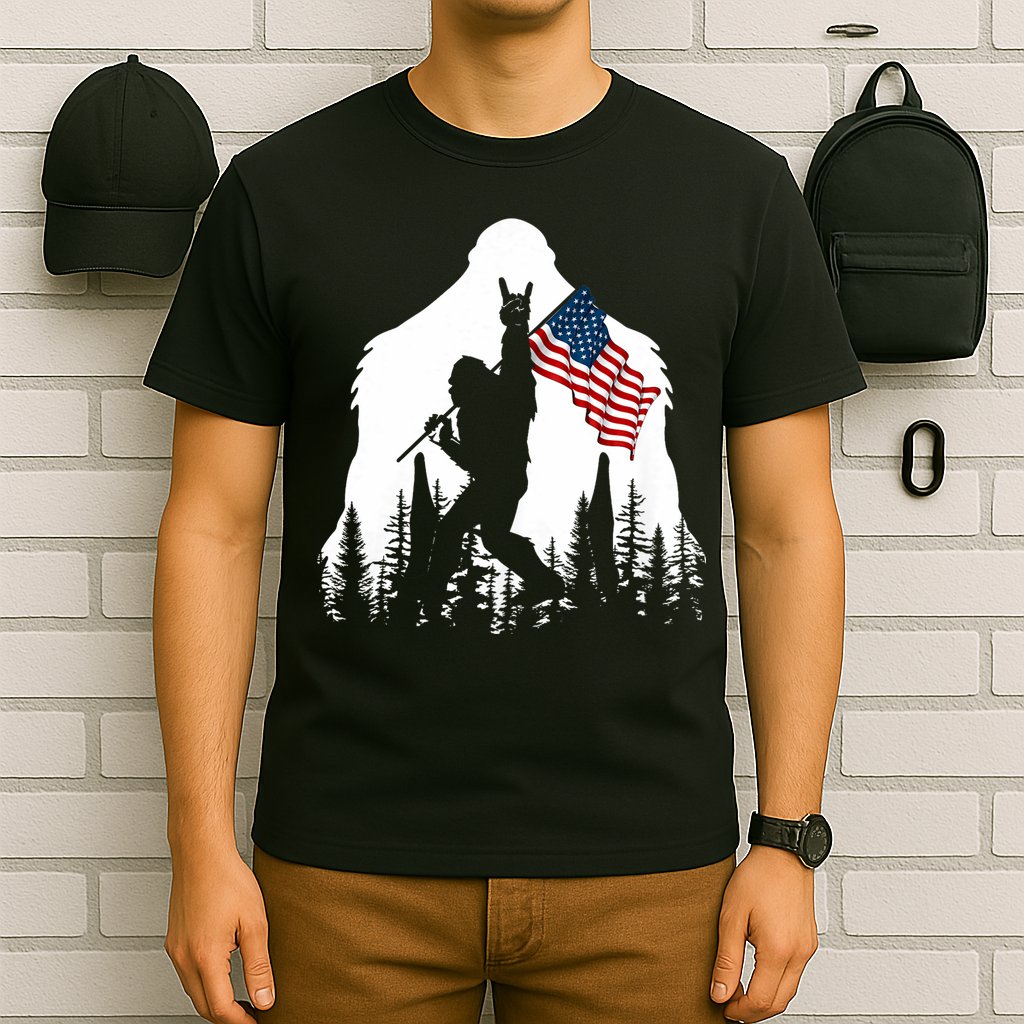Bigfoot Rock On Hold American Flag Sasquatch Believers T-Shirt