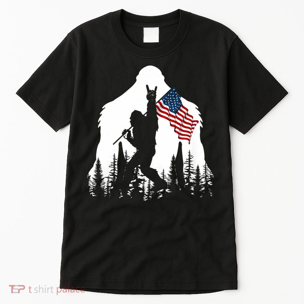 Bigfoot Rock On Hold American Flag Sasquatch Believers Tall T-Shirt