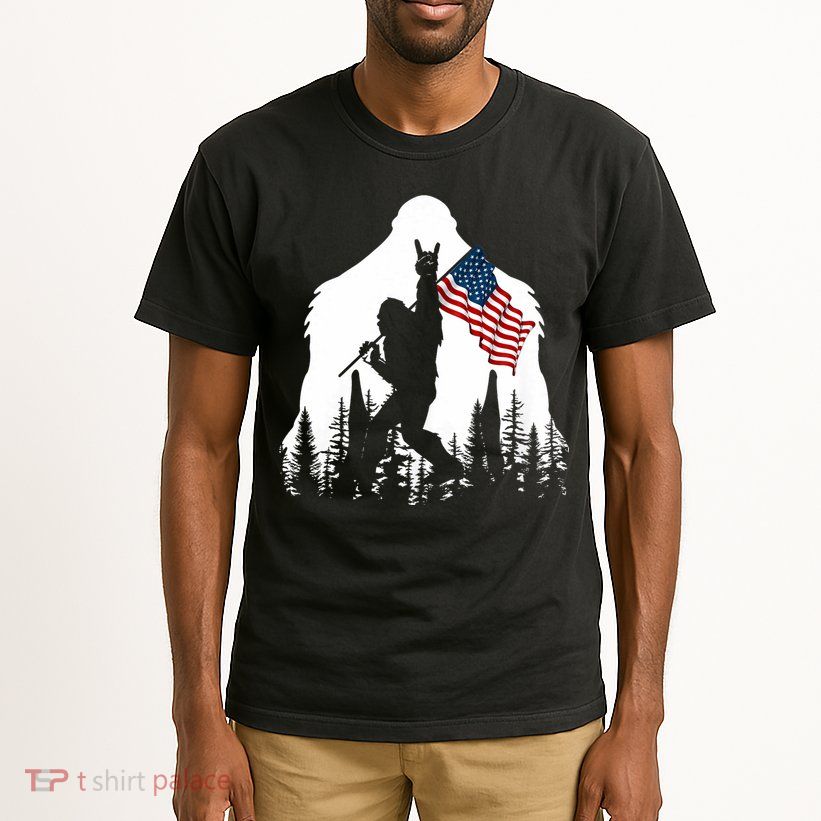 Bigfoot Rock On Hold American Flag Sasquatch Believers Tall T-Shirt