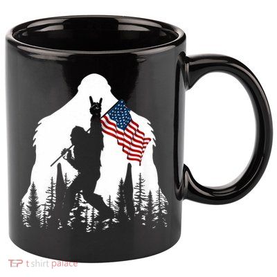 Bigfoot Rock On Hold American Flag Sasquatch Believers 11oz C Handle Ceramic Mug