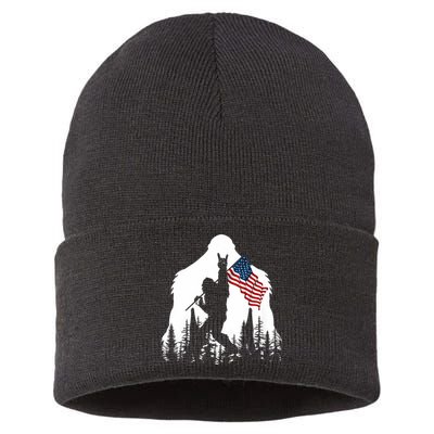 Bigfoot Rock On Hold American Flag Sasquatch Believers Sustainable Knit Beanie