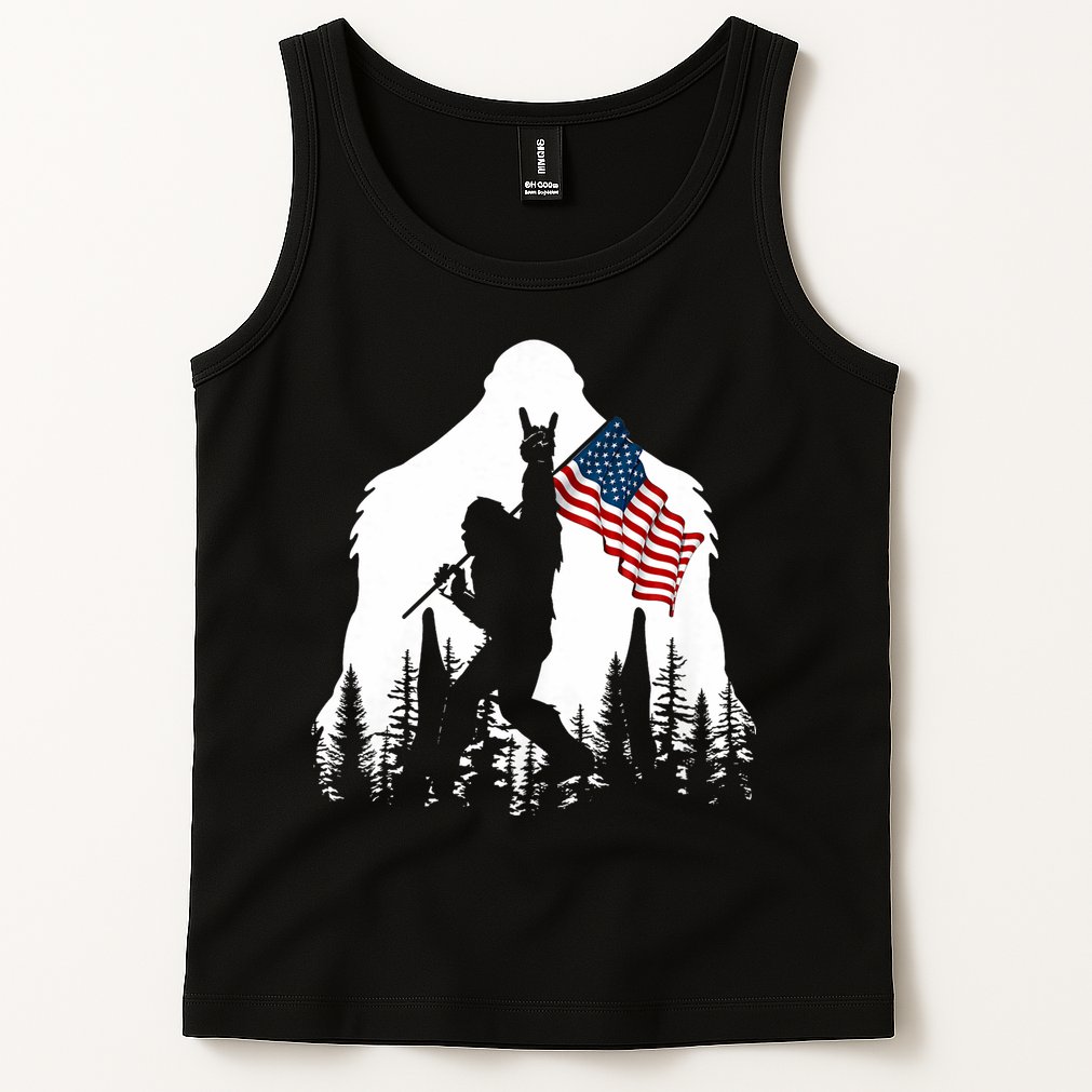 Bigfoot Rock On Hold American Flag Sasquatch Believers Tank Top