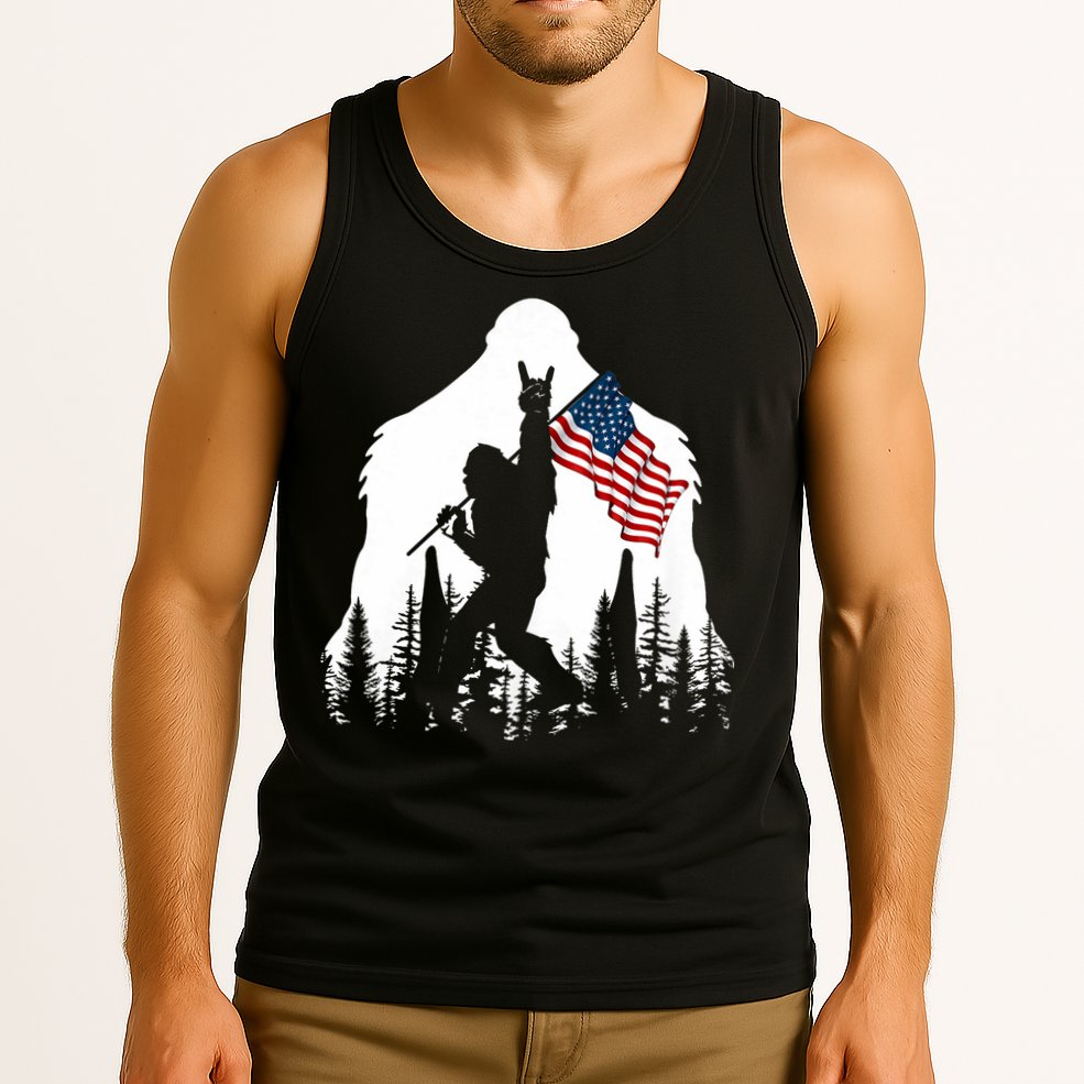 Bigfoot Rock On Hold American Flag Sasquatch Believers Tank Top