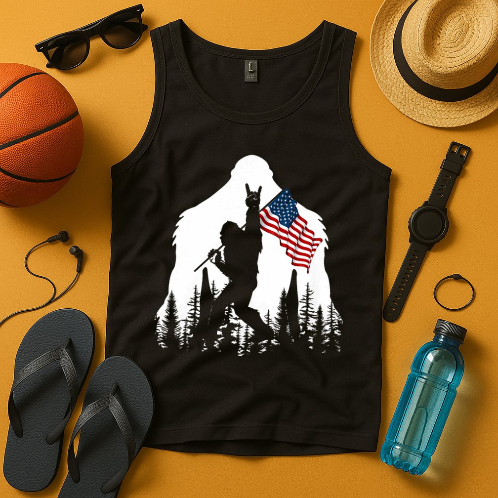 Bigfoot Rock On Hold American Flag Sasquatch Believers Tank Top