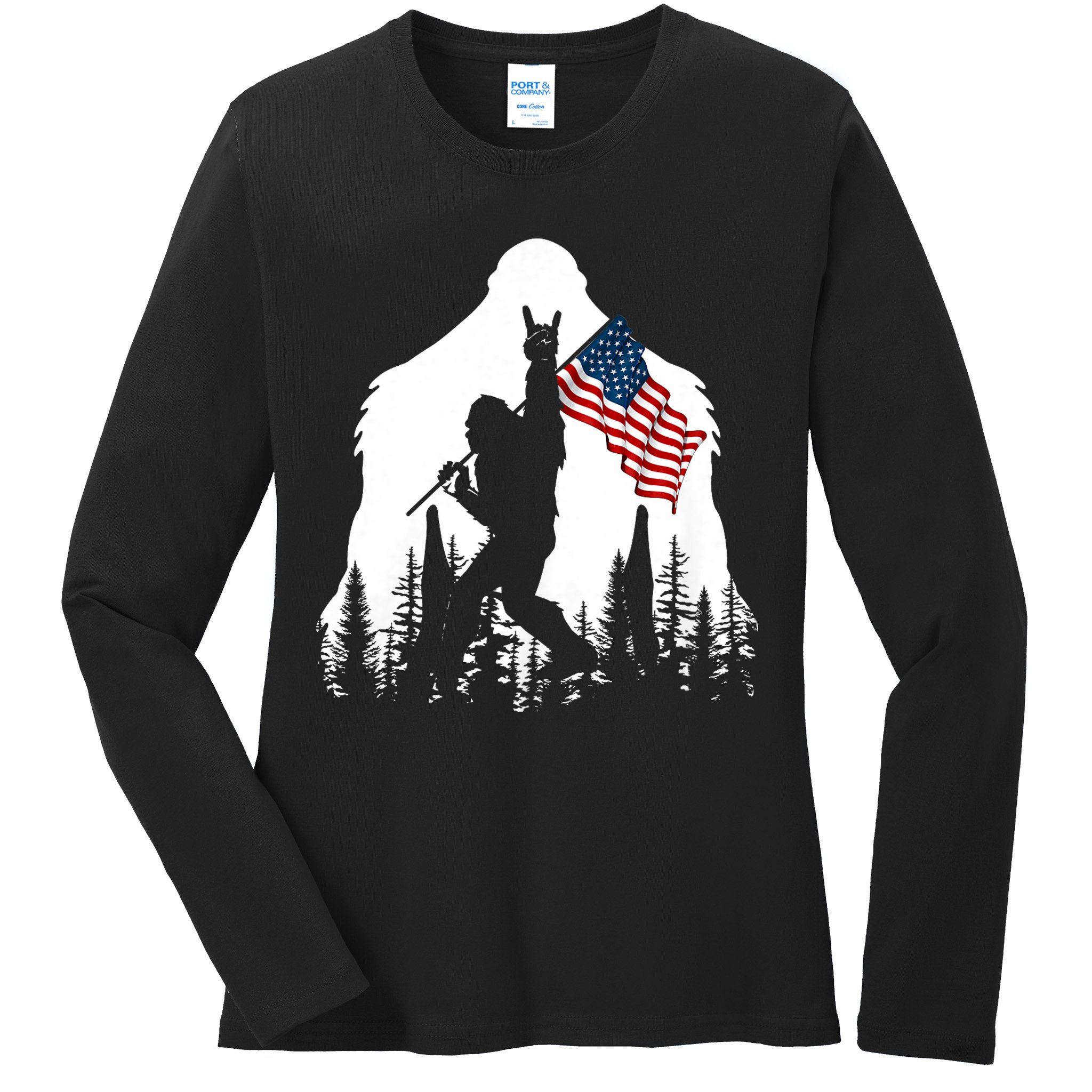 Bigfoot Rock On Hold American Flag Sasquatch Believers Ladies Long Sleeve Shirt