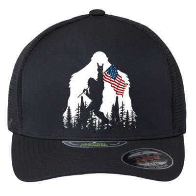 Bigfoot Rock On Hold American Flag Sasquatch Believers Flexfit Unipanel Trucker Cap