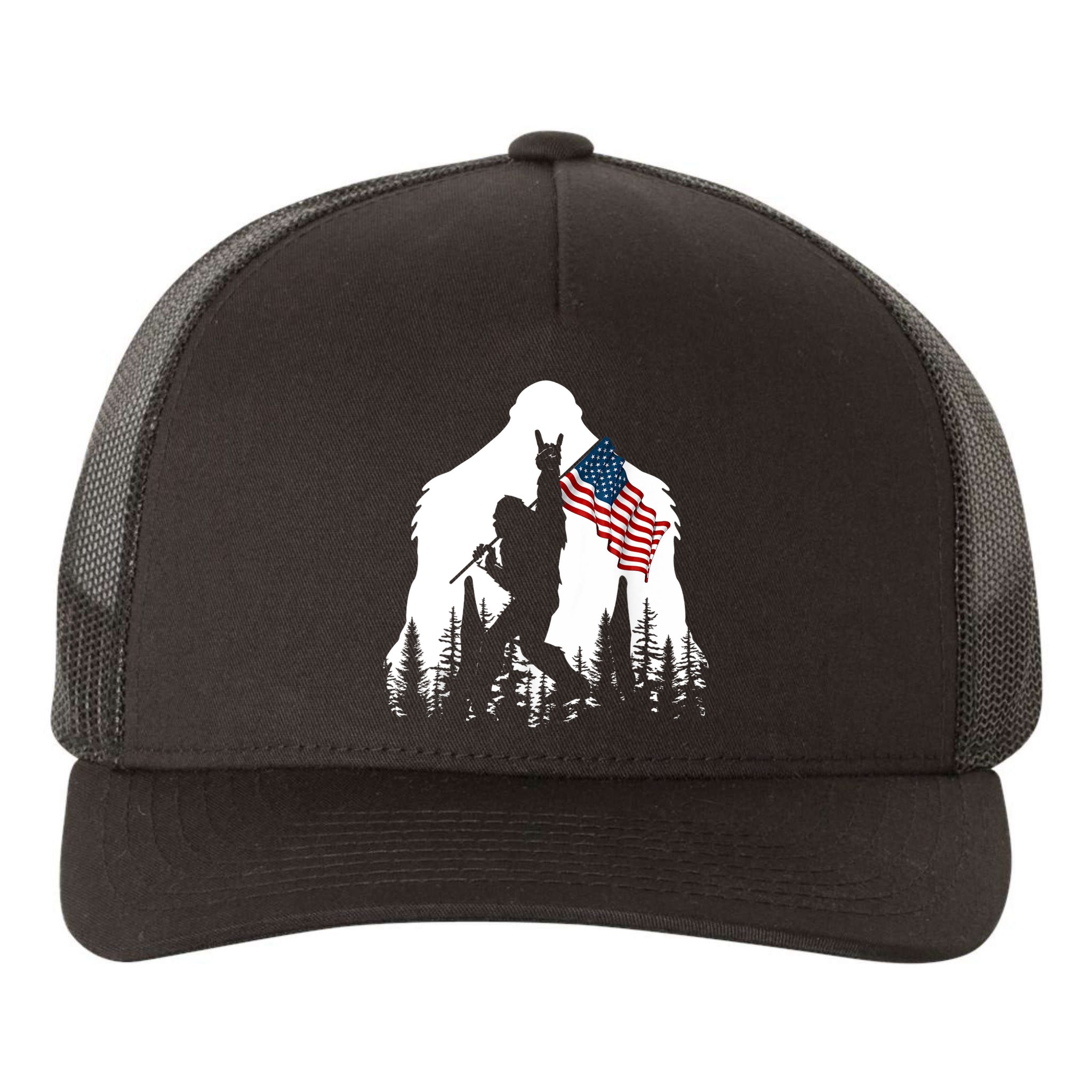 Bigfoot Rock On Hold American Flag Sasquatch Believers Yupoong Adult 5-Panel Trucker Hat