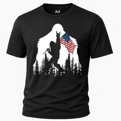 Bigfoot Rock On Hold American Flag Sasquatch Believers Performance Shirt
