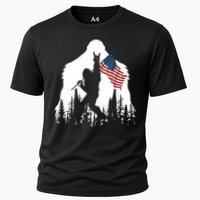 Bigfoot Rock On Hold American Flag Sasquatch Believers Cooling Performance Crew T-Shirt