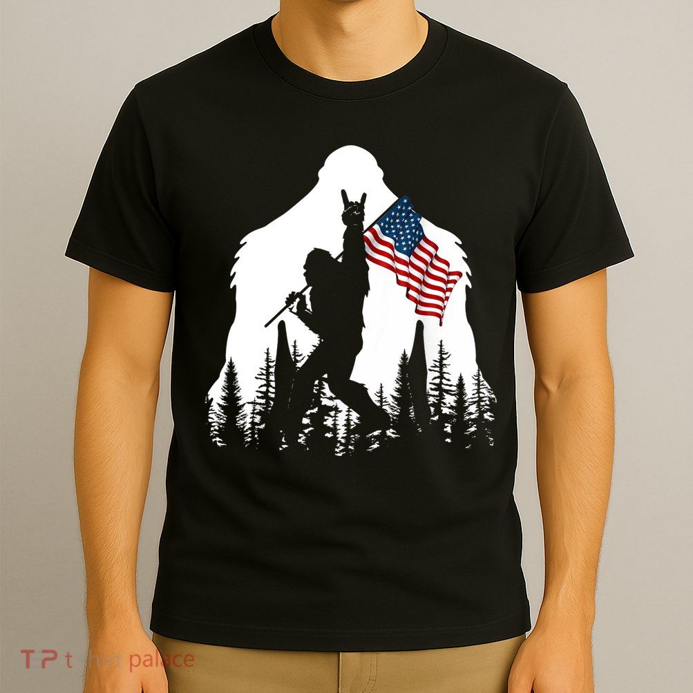 Bigfoot Rock On Hold American Flag Sasquatch Believers T-Shirt