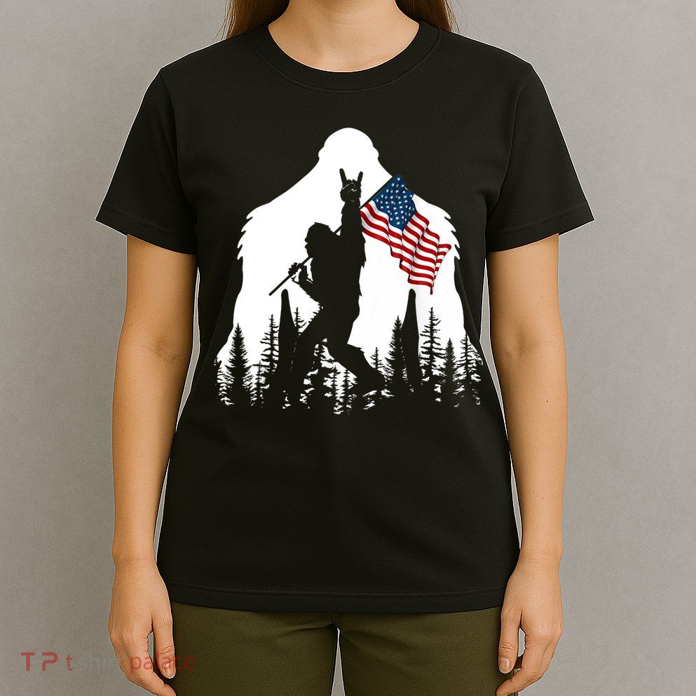 Bigfoot Rock On Hold American Flag Sasquatch Believers T-Shirt