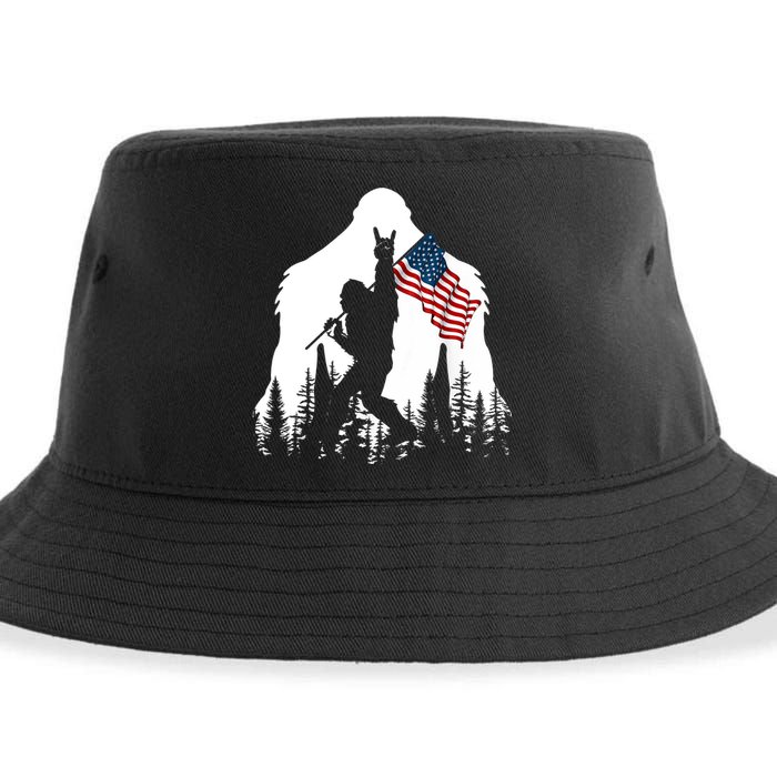 Bigfoot Rock On Hold American Flag Sasquatch Believers Sustainable Bucket Hat