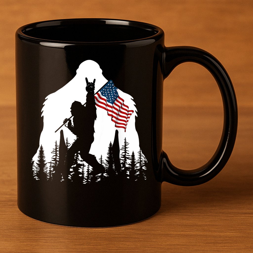 Bigfoot Rock On Hold American Flag Sasquatch Believers 11oz C Handle Ceramic Mug
