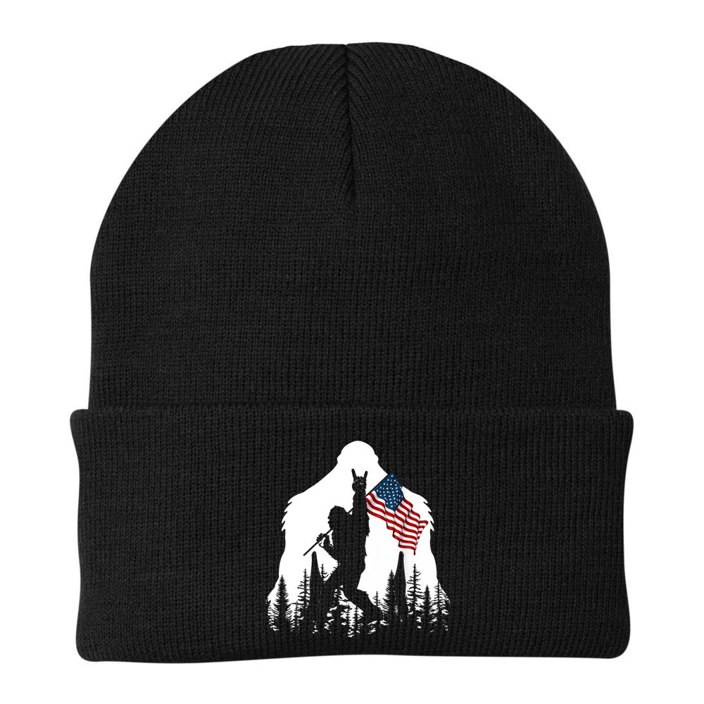 Bigfoot Rock On Hold American Flag Sasquatch Believers Beanie