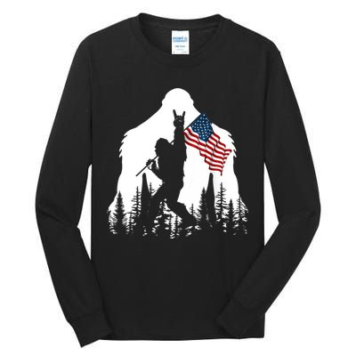 Bigfoot Rock On Hold American Flag Sasquatch Believers Tall Long Sleeve T-Shirt