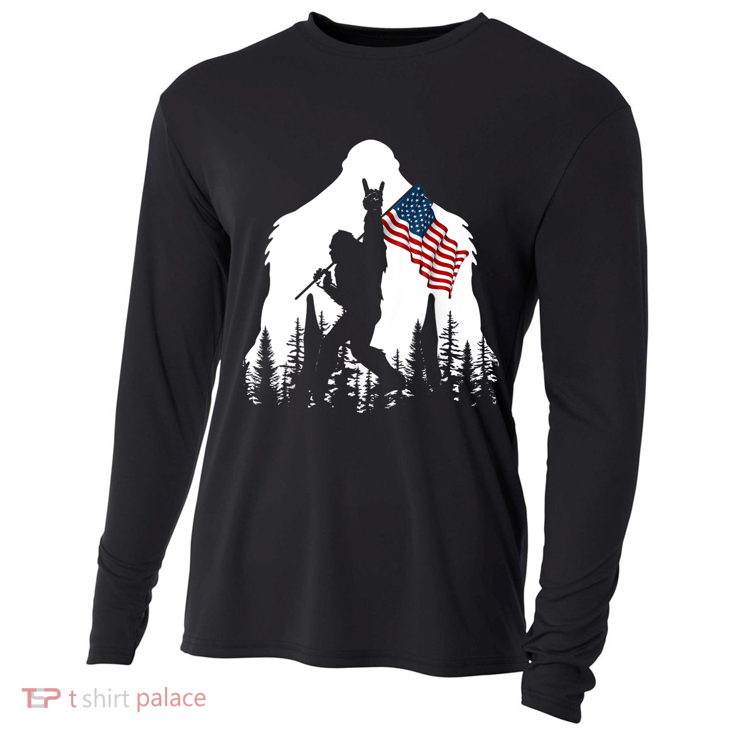 Bigfoot Rock On Hold American Flag Sasquatch Believers Cooling Performance Long Sleeve Crew