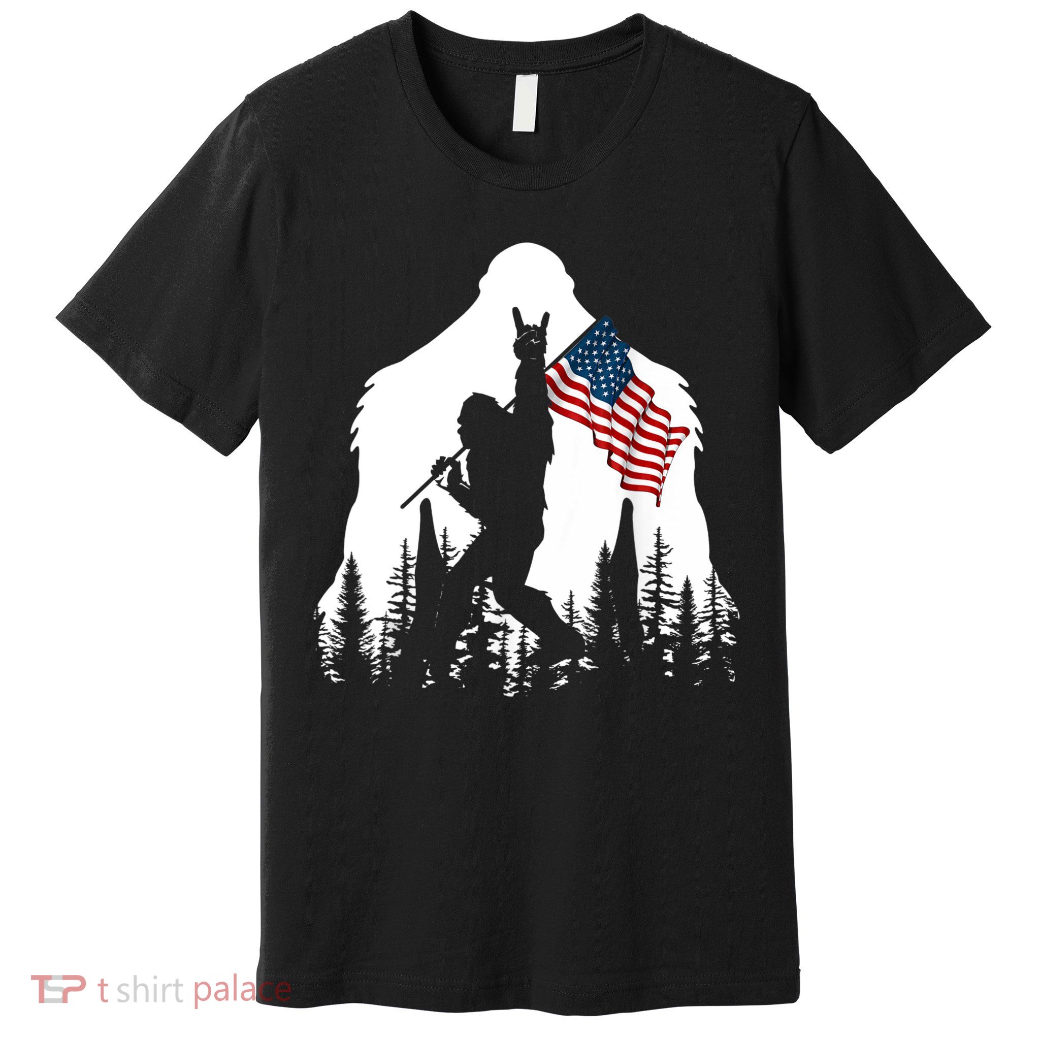 Bigfoot Rock On Hold American Flag Sasquatch Believers Premium T-Shirt