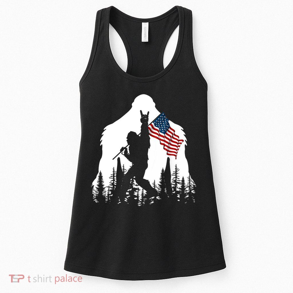 Bigfoot Rock On Hold American Flag Sasquatch Believers Womens Tank Top