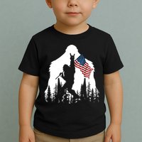 Bigfoot Rock On Hold American Flag Sasquatch Believers Toddler T-Shirt
