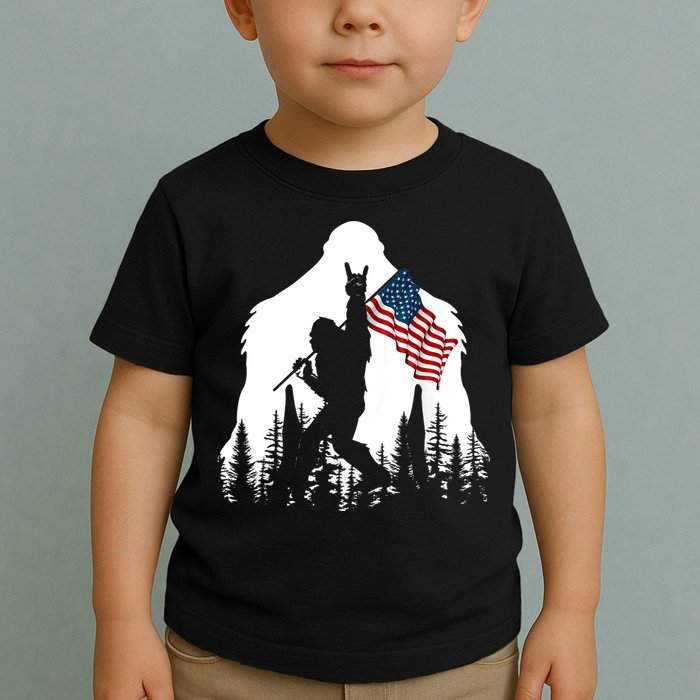 Bigfoot Rock On Hold American Flag Sasquatch Believers Toddler T-Shirt