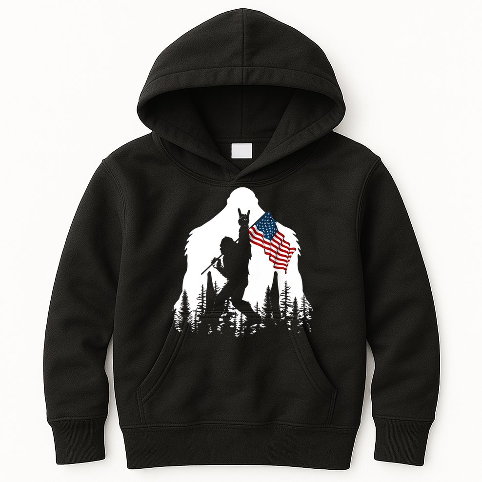 Bigfoot Rock On Hold American Flag Sasquatch Believers Kids Hoodie