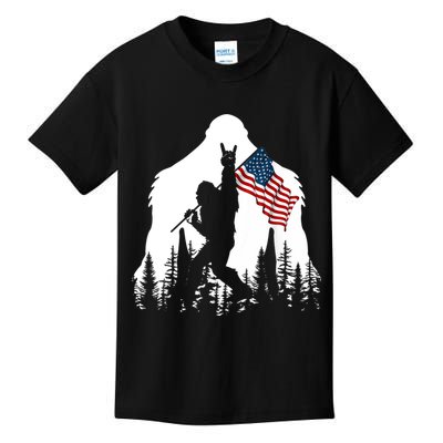 Bigfoot Rock On Hold American Flag Sasquatch Believers Kids T-Shirt