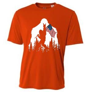 Bigfoot Rock On Hold American Flag Sasquatch Believers Cooling Performance Crew T-Shirt