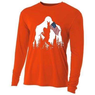 Bigfoot Rock On Hold American Flag Sasquatch Believers Cooling Performance Long Sleeve Crew