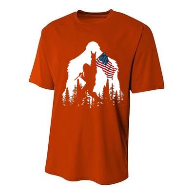 Bigfoot Rock On Hold American Flag Sasquatch Believers Performance Sprint T-Shirt