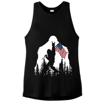 Bigfoot Rock On Hold American Flag Sasquatch Believers Ladies PosiCharge Tri-Blend Wicking Tank