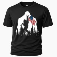 Bigfoot Rock On Hold American Flag Sasquatch Believers Cooling Performance Crew T-Shirt