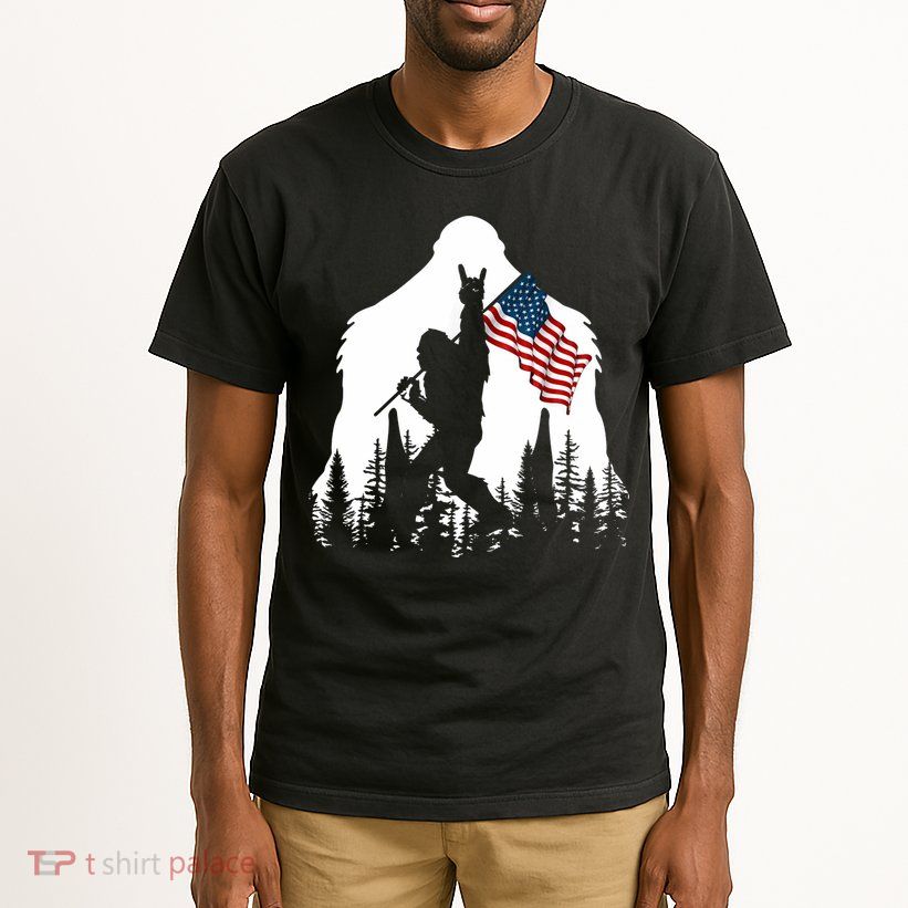 Bigfoot Rock On Hold American Flag Sasquatch Believers Tall T-Shirt