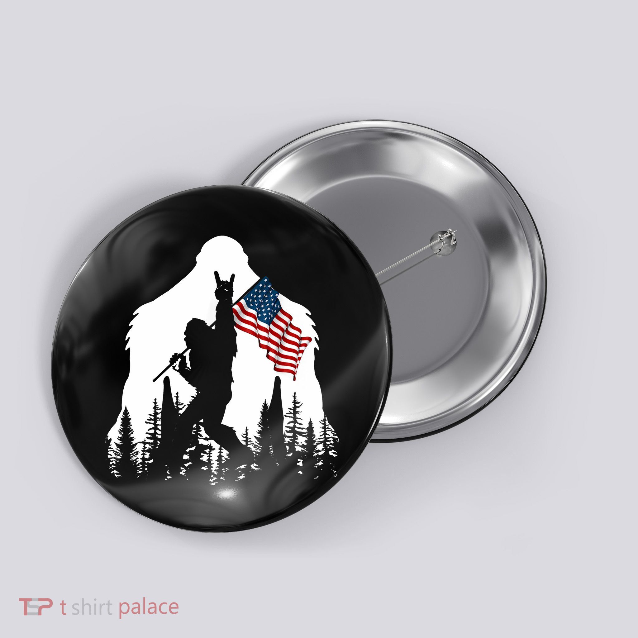Bigfoot Rock On Hold American Flag Sasquatch Believers Button
