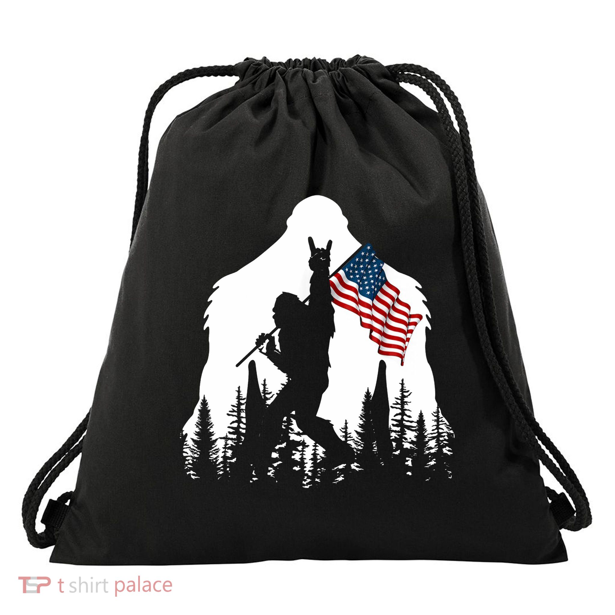 Bigfoot Rock On Hold American Flag Sasquatch Believers Drawstring Bag