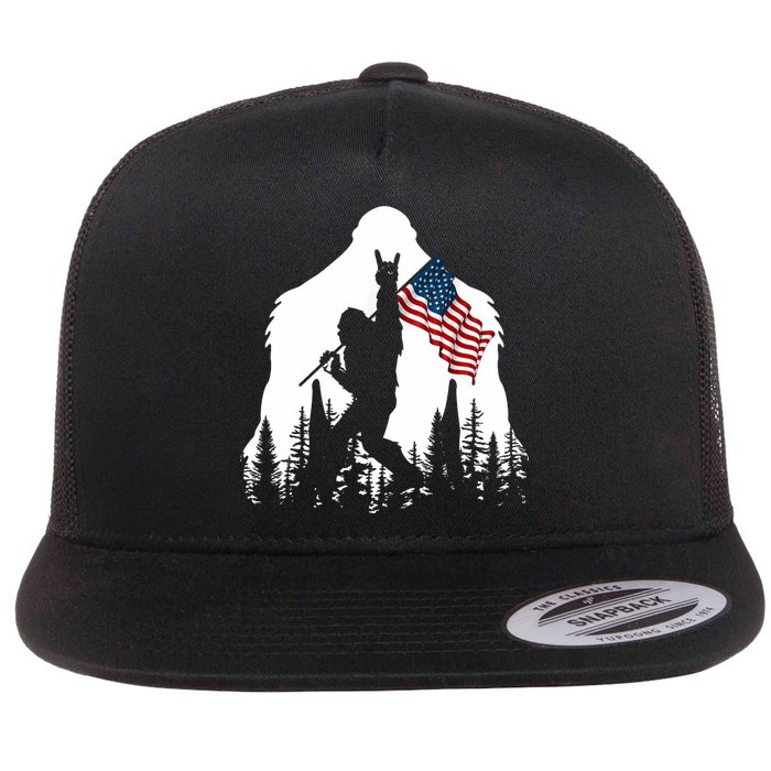 Bigfoot Rock On Hold American Flag Sasquatch Believers Flat Bill Trucker Hat
