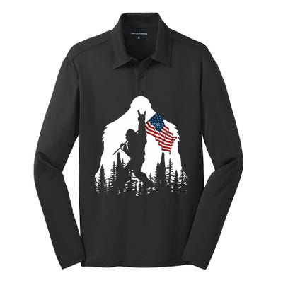 Bigfoot Rock On Hold American Flag Sasquatch Believers Silk Touch Performance Long Sleeve Polo