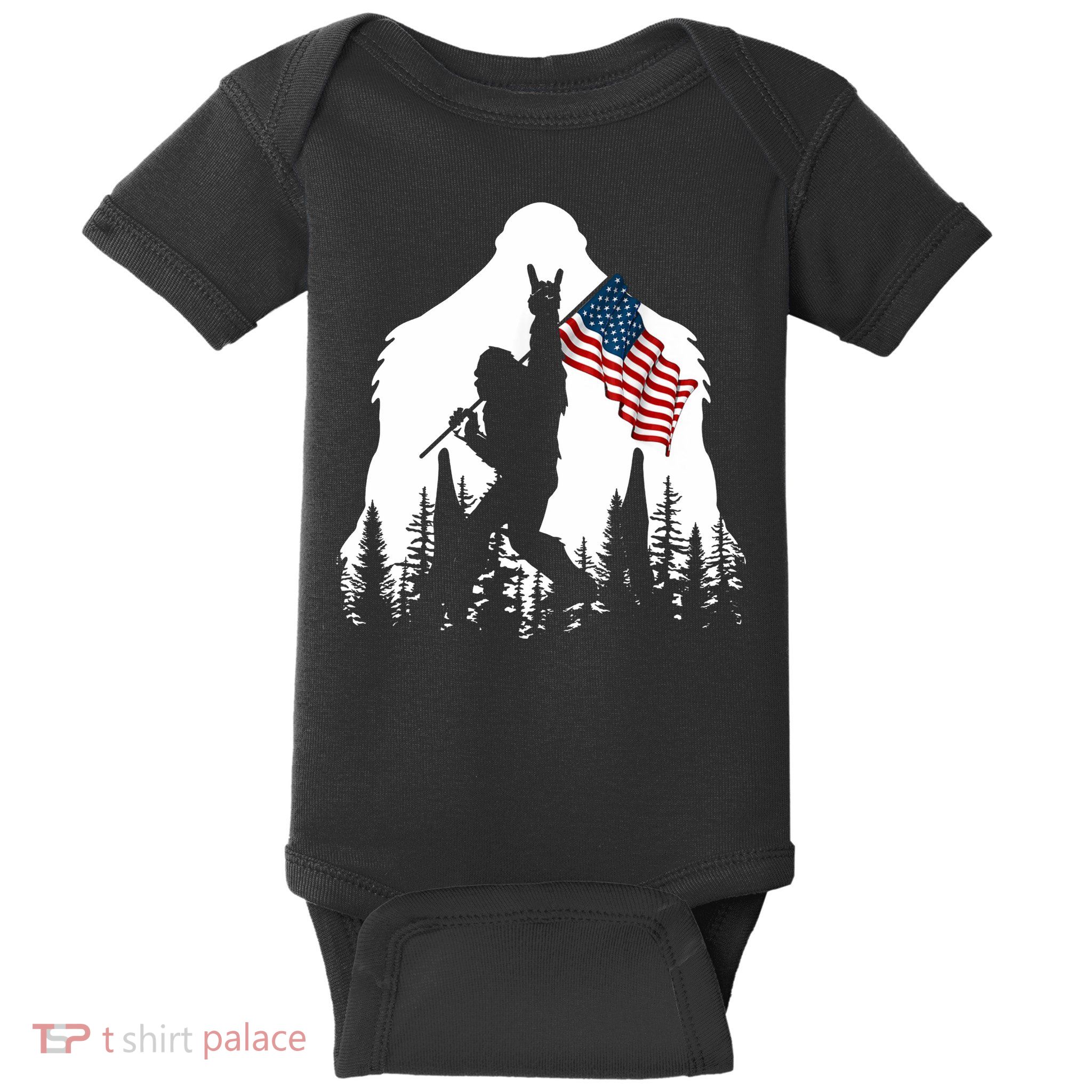 Bigfoot Rock On Hold American Flag Sasquatch Believers Baby Bodysuit