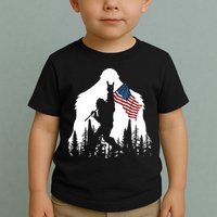Bigfoot Rock On Hold American Flag Sasquatch Believers Toddler T-Shirt
