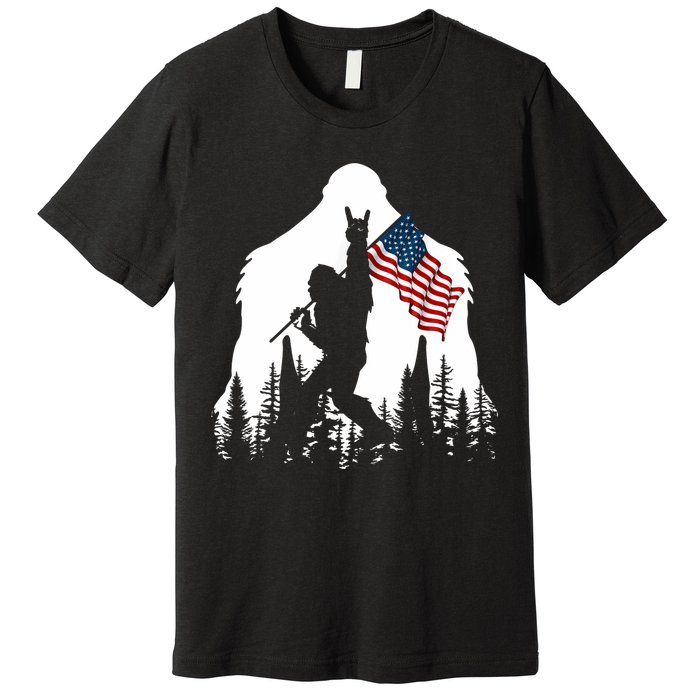 Bigfoot Rock On Hold American Flag Sasquatch Believers Premium T-Shirt
