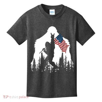 Bigfoot Rock On Hold American Flag Sasquatch Believers Kids T-Shirt