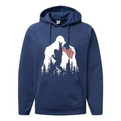 Bigfoot Rock On Hold American Flag Sasquatch Believers Performance Fleece Hoodie