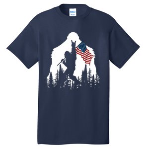 Bigfoot Rock On Hold American Flag Sasquatch Believers Tall T-Shirt