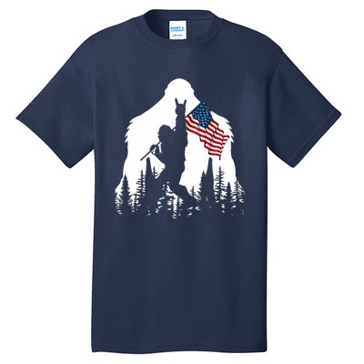 Bigfoot Rock On Hold American Flag Sasquatch Believers Tall T-Shirt