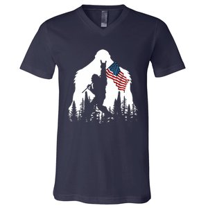 Bigfoot Rock On Hold American Flag Sasquatch Believers V-Neck T-Shirt