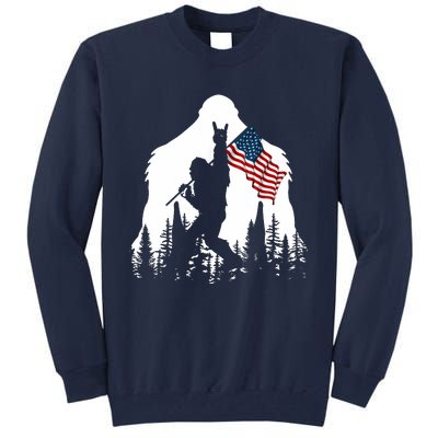 Bigfoot Rock On Hold American Flag Sasquatch Believers Tall Sweatshirt