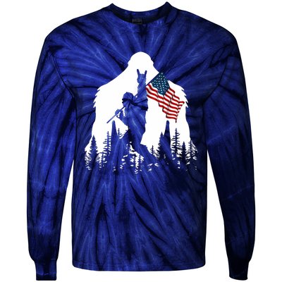 Bigfoot Rock On Hold American Flag Sasquatch Believers Tie-Dye Long Sleeve Shirt