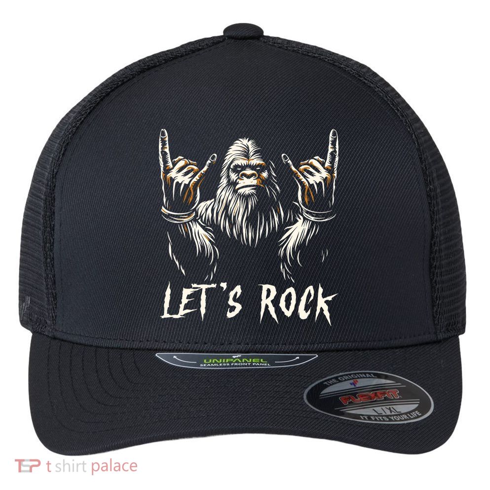 Bigfoot Rock On Funny Sasquatch Rock And Roll LetS Rock Flexfit Unipanel Trucker Cap