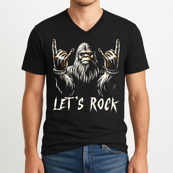 Bigfoot Rock On Funny Sasquatch Rock And Roll LetS Rock V-Neck T-Shirt