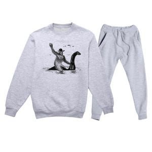 Bigfoot Riding On Nessie Lochness Cowboy Yeti Premium Crewneck Sweatsuit Set